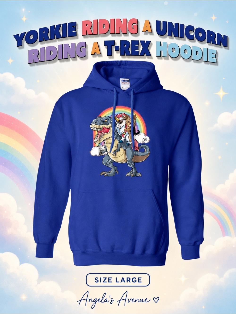 Yorkie Riding a Unicorn Riding a T-Rex Hoodie NEW